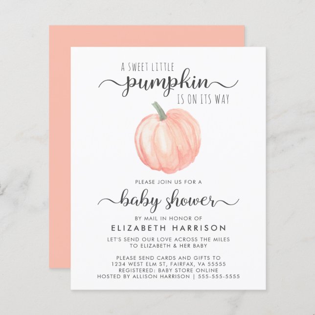 Budget Baby Shower By Mail Orange Pumpkin Invite (Front/Back)
