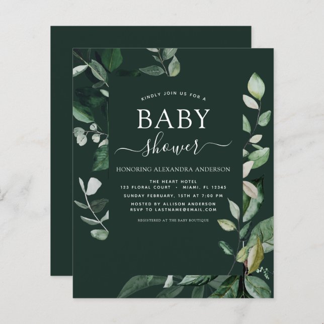 Budget Baby Shower Emerald Green Botanical (Front/Back)