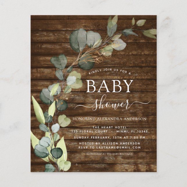 Budget Baby Shower Greenery Eucalyptus Rustic Flyer (Front)