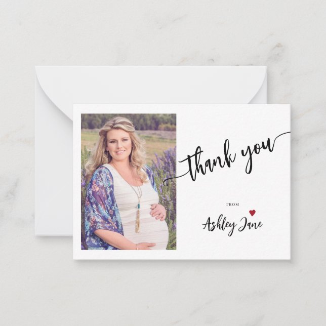Budget baby shower modern script photo thank you card (Front)
