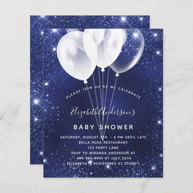 Budget Baby Shower navy blue balloon invitation (Front/Back)