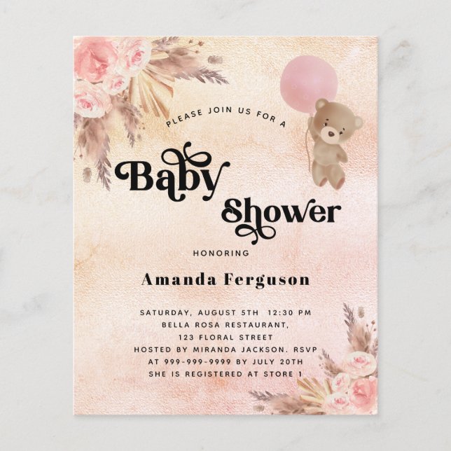 Budget Baby shower pampas grass teddy bear pink (Front)