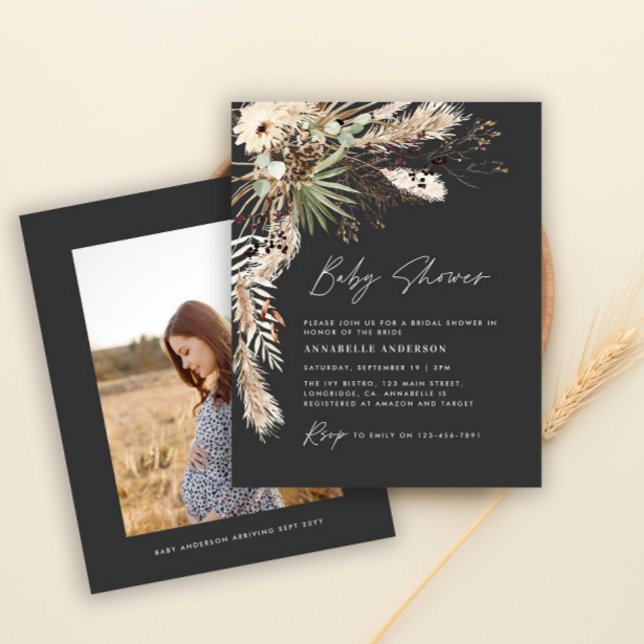 Budget baby shower pampas modern black photo boho flyer (Creator Uploaded)