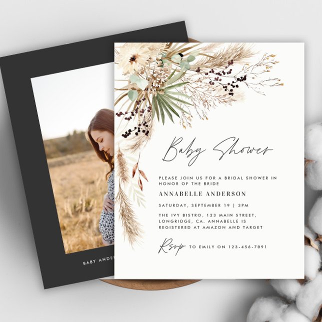 Budget baby shower pampas modern black photo flyer (Creator Uploaded)