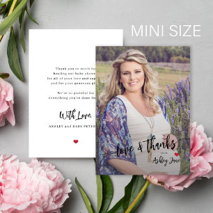 Budget baby shower photo modern script thank you card