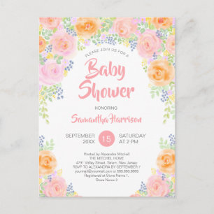 Budget Baby Shower Pink Roses Watercolor Floral Invitation Postcard