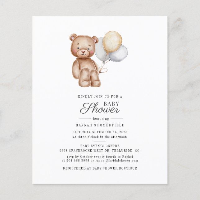 Budget Baby Shower Script Bear Balloons Invitation (Front)