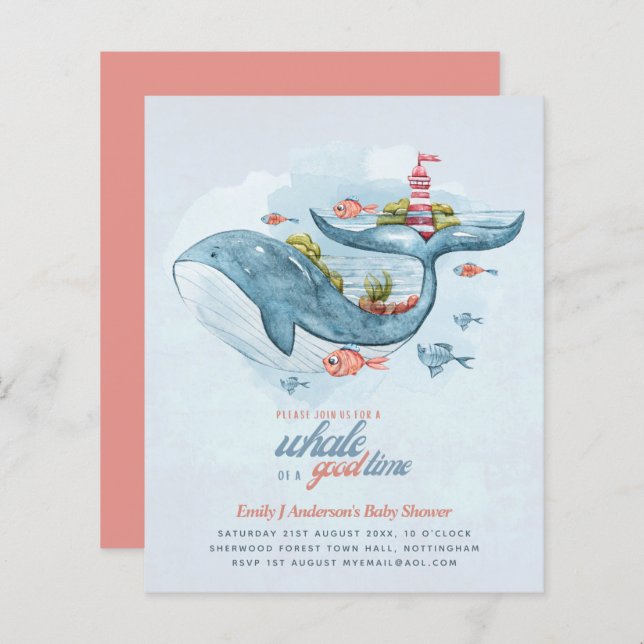 BUDGET Baby Shower Sea Life Whale Boys Blue Invite (Front/Back)
