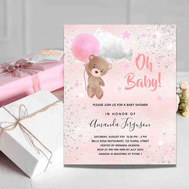 Budget Baby shower teddy bear girl pink silver (Creator Uploaded)