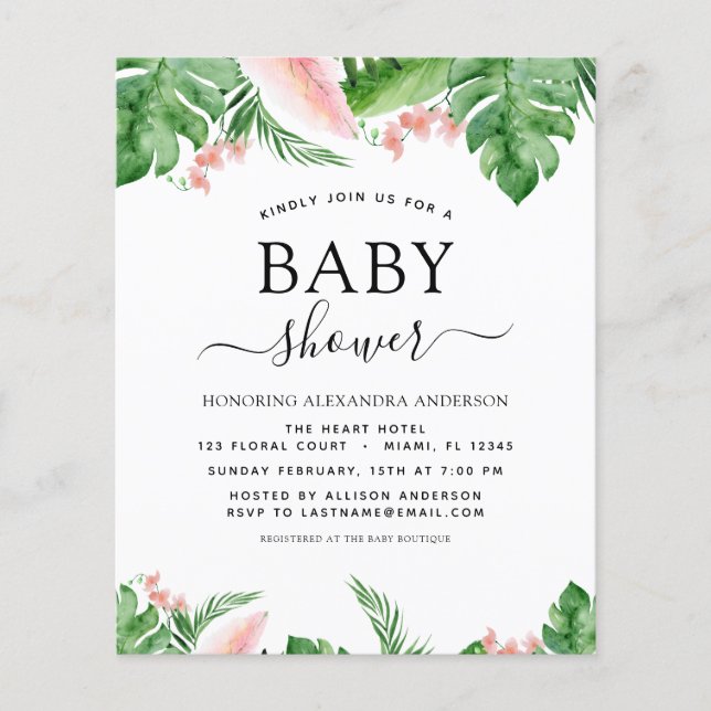 Budget Baby Shower Tropical Palm Floral Watercolor Flyer (Front)