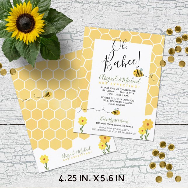Budget Baby Shower Watercolor Bumble Bee Invite Postcard (Budget-Friendly Gender-Neutral Bumble Bee Baby Shower Invitation (4.25 x 5.6 in.) "Oh, Babee!")