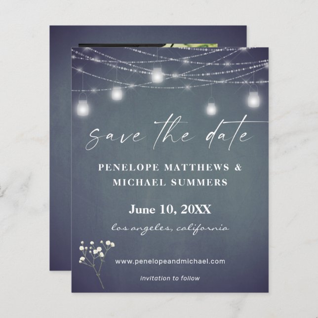 Budget Baby's Breath BG Chalkboard Photo Save Date (Front/Back)