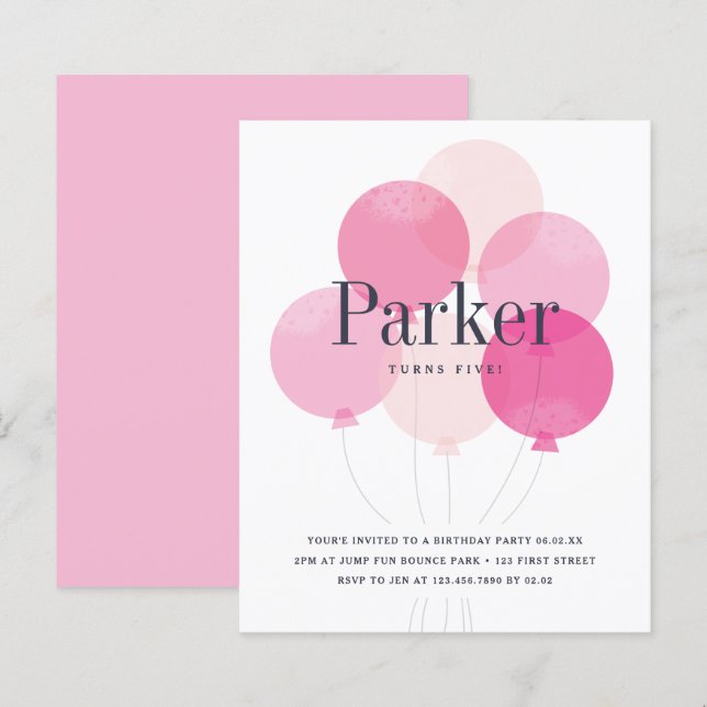 Budget balloon pink birthday party invitation (Front/Back)