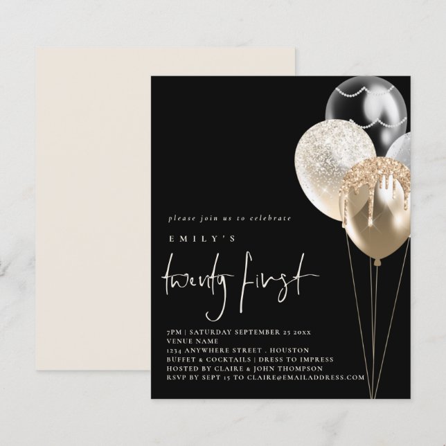 Budget Balloons Gold Ivory 21st Black Invite (Front/Back)