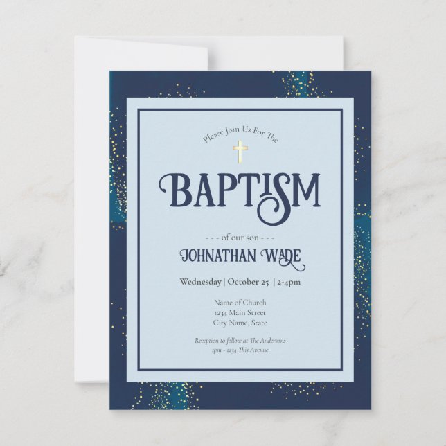 Budget Baptism Blue and Gold Cross Invitations (Front)