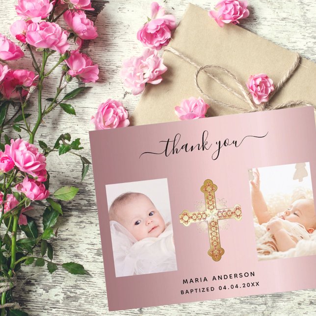 Budget baptism blush pink photo thank you card (Creator Uploaded)