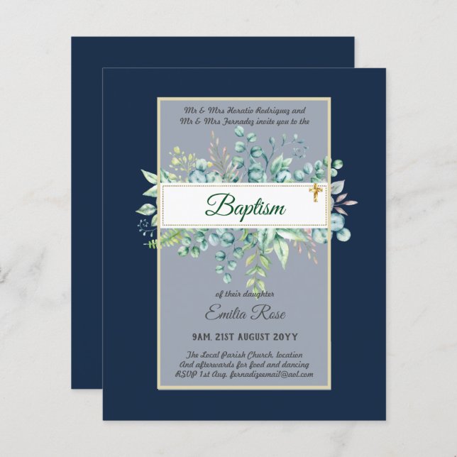 Budget BAPTISM Christening Greenery Leaves Invites (Front/Back)