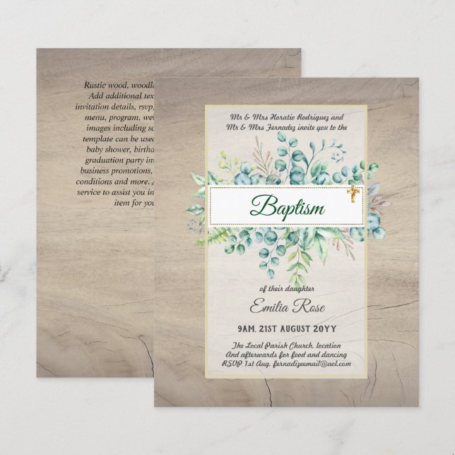 Budget BAPTISM Christening Greenery Leaves Invites (Front/Back)