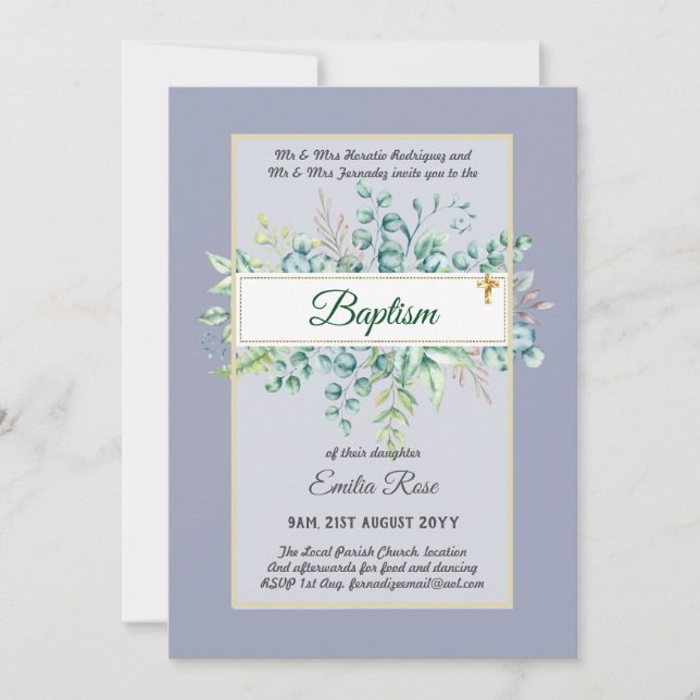 Budget BAPTISM Christening Greenery Leaves Invites (Front)