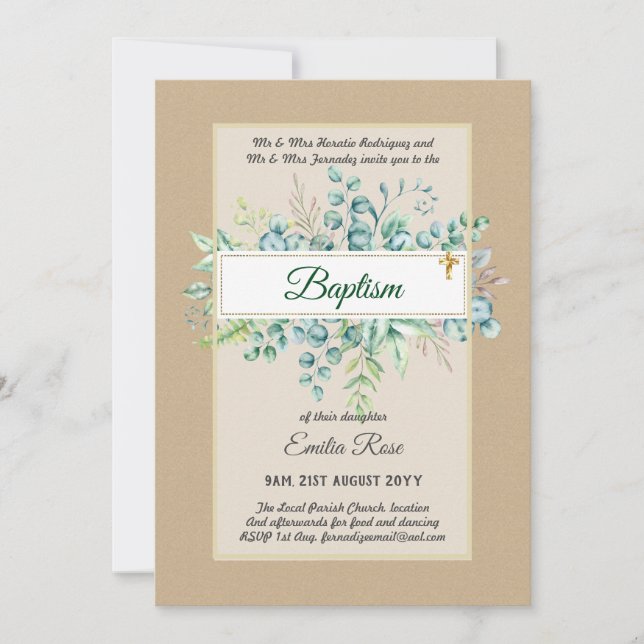 Budget BAPTISM Christening Greenery Leaves Invites (Front)