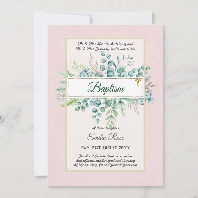 Budget BAPTISM Christening Greenery Leaves Invites (Front)