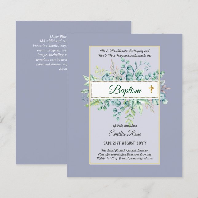 Budget BAPTISM Christening Greenery Leaves Invites (Front/Back)