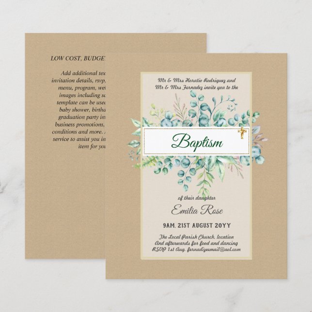 Budget BAPTISM Christening Greenery Leaves Invites (Front/Back)