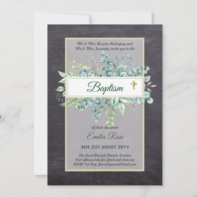 Budget BAPTISM Christening Greenery Leaves Invites (Front)