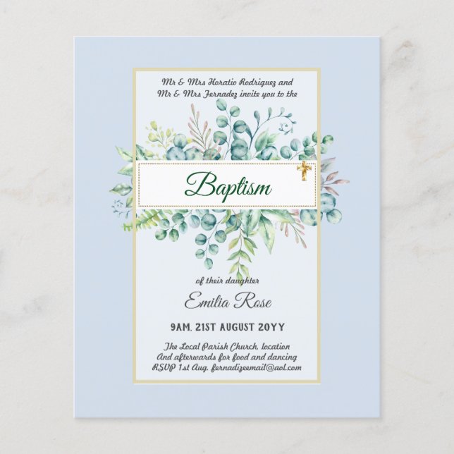 Budget BAPTISM Christening Greenery Leaves Invites Flyer (Front)