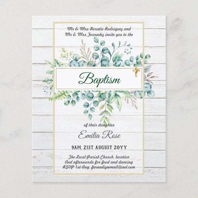 Budget BAPTISM Christening Greenery Leaves Invites Flyer (Front)