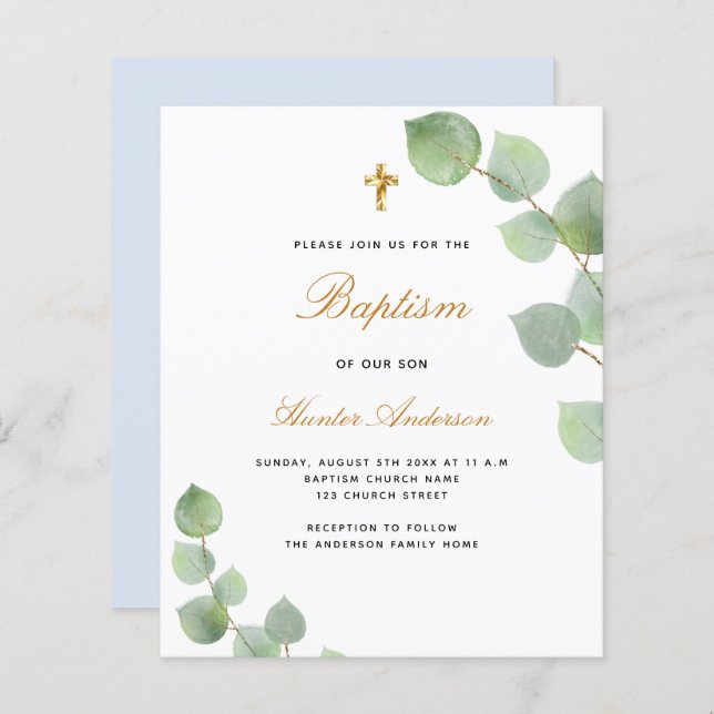 Budget baptism eucalyptus gold blue boy invitation (Front/Back)