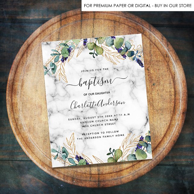 Budget baptism eucalyptus gold marble invitation (Creator Uploaded)