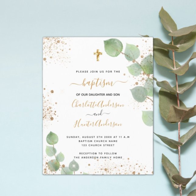 Budget baptism eucalyptus gold twins invitation (Creator Uploaded)