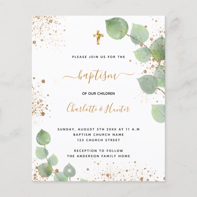 Budget baptism eucalyptus gold twins invitation (Front)