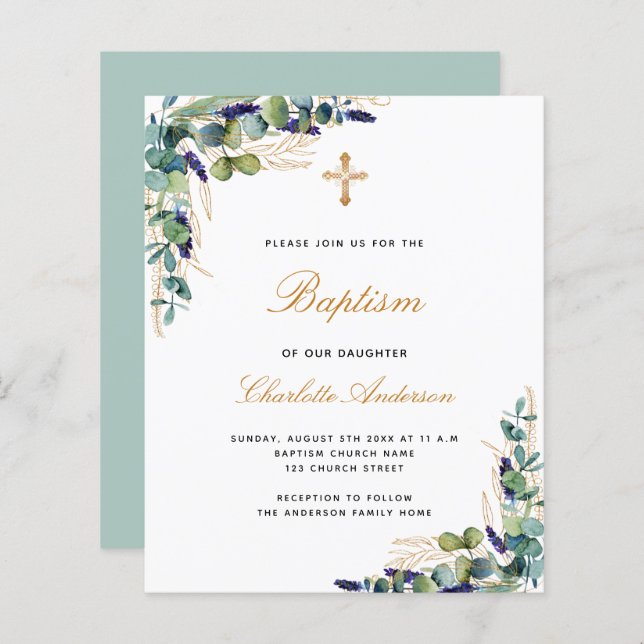 Budget Baptism eucalyptus greenery gold invitation (Front/Back)