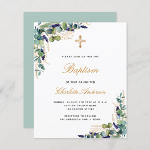 Budget Baptism eucalyptus greenery gold invitation