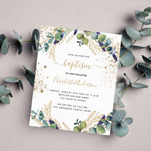 Budget baptism eucalyptus greenery gold invitation