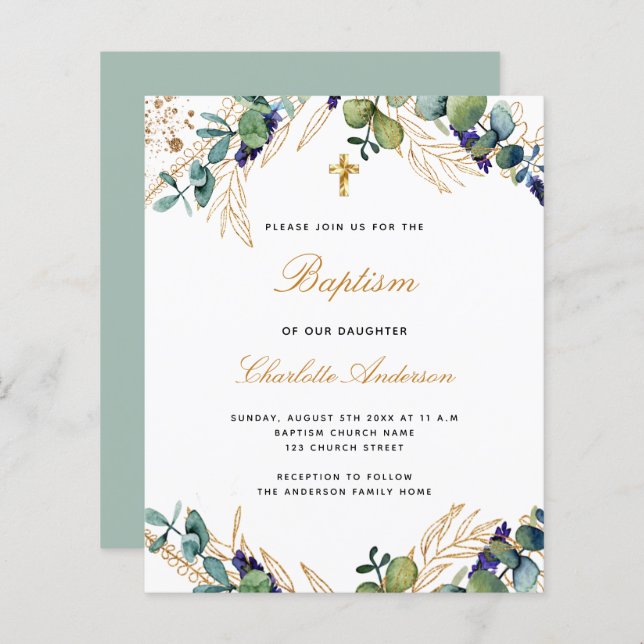 Budget baptism eucalyptus greenery gold invitation (Front/Back)