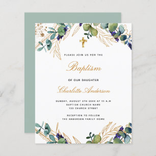 Budget baptism eucalyptus greenery gold invitation