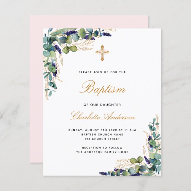 Budget Baptism eucalyptus greenery pink invitation (Front/Back)