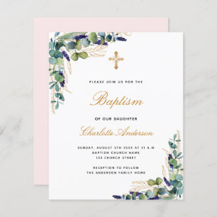 Budget Baptism eucalyptus greenery pink invitation