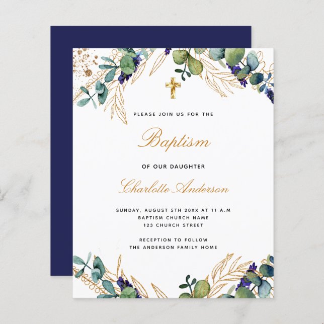 Budget baptism eucalyptus navy blue invitation (Front/Back)