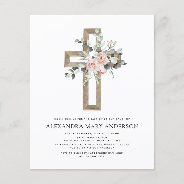 Budget Baptism Greenery Dusty Pink Rose Flyer (Front)