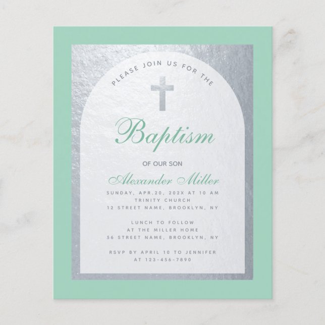 Budget Baptism Mint Green Faux Silver Invitation (Front)