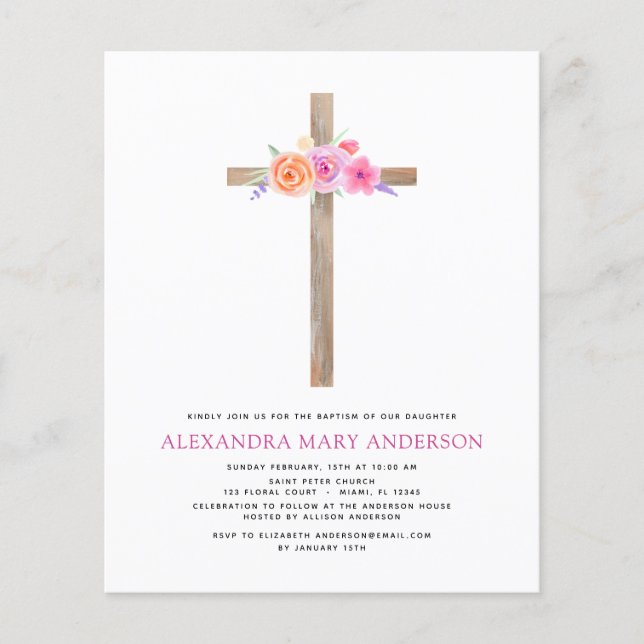 Budget Baptism Pastel Floral Pink Rose Cross Flyer (Front)