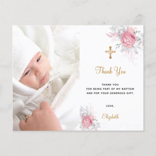Budget baptism pink floral photo girl thank you (Front)