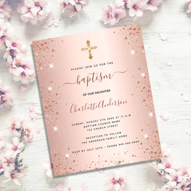 Budget baptism rose gold glitter budget invitation (Creator Uploaded)