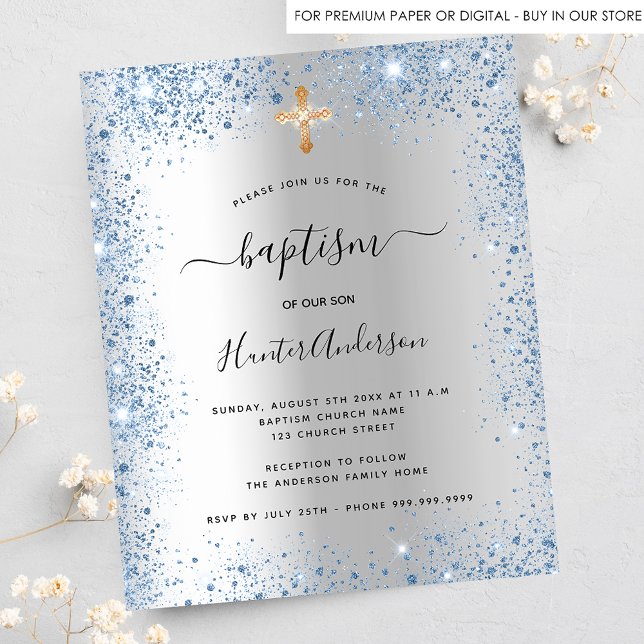 Budget baptism silver blue boy glitter invitation (Creator Uploaded)