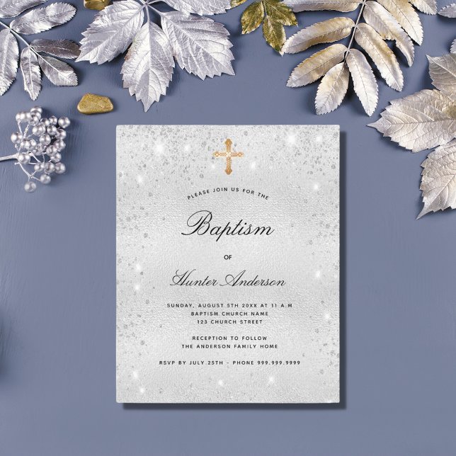 Budget baptism silver glitter adult invitation (Creator Uploaded)