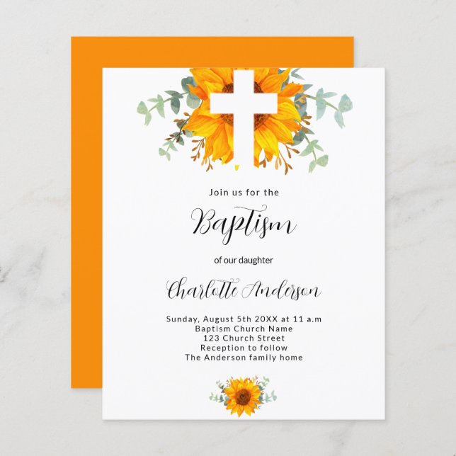 Budget Baptism sunflower eucalyptus invitation (Front/Back)